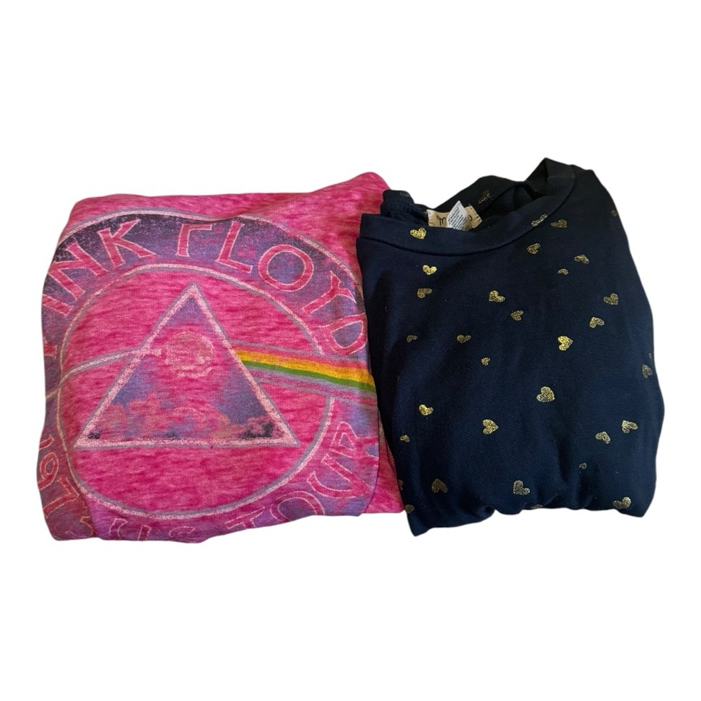 Girls Long Sleeve Tees Size Medium 7-8 Set of 2 Pink Floyd Navy Gold Hearts